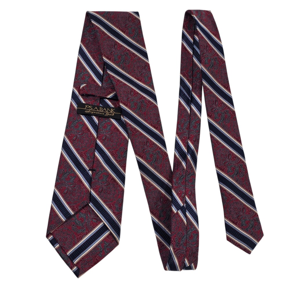 Jos A Bank Signature Gold Mens 7-Fold Necktie Maroon Blue Striped Paisley Silk
